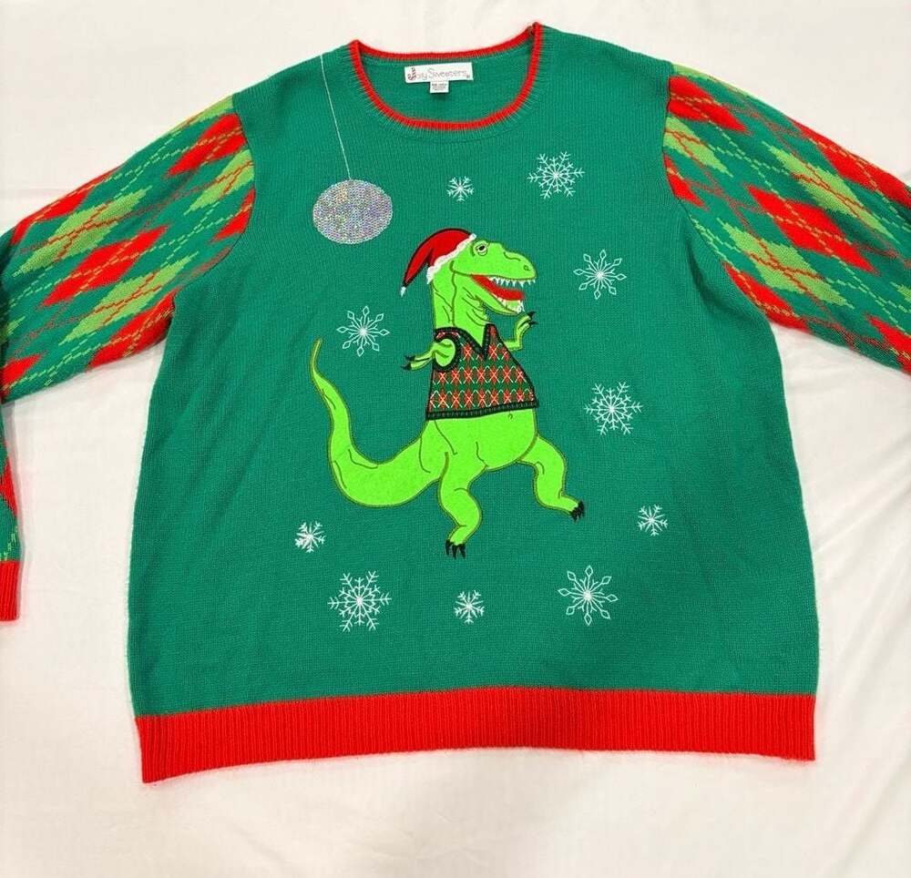 Jolly Sweaters T-Rex Dinosaur Disco Ball Ugly Christmas Sweater